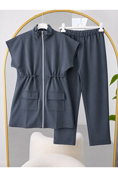 modasindoma Women's Waist Drawstring Vest and Hijab Pants Set Anthracite