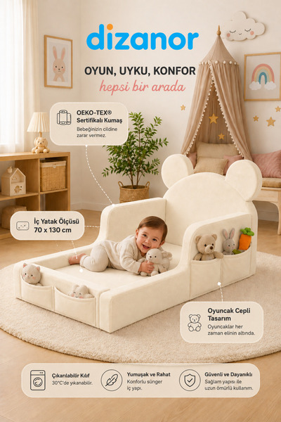 Dizanor Luxury Tedyy Baza ve Başlıklı Montessori Full Sünger Yatak Seti
