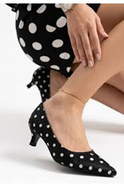 Erbilden Tamy Black Satin White Detailed Heeled Shoes