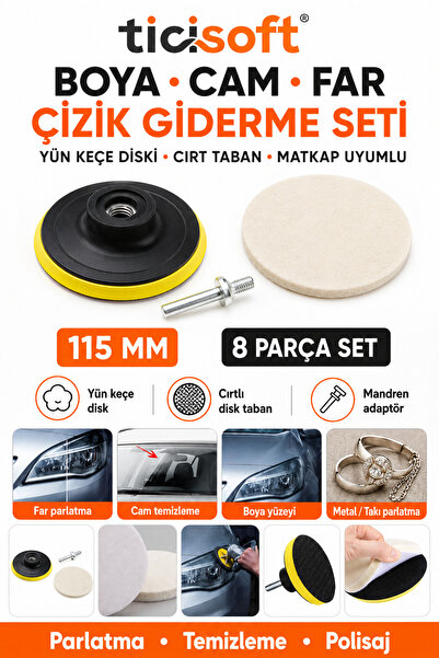 Ticisoft 8 Parça 115 mm Polisaj Seti Yün Keçe Disk Cırtlı Taban Matkap ve Avu...