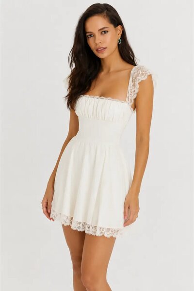 CARLA MARA Ecru Lace Detailed Square Neck Back Tie Mini Dress