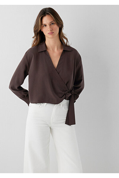 Mavi (Tencel TM) Lyocell Çapraz Bağlamalı Kahverengi Bluz 1211581-70236