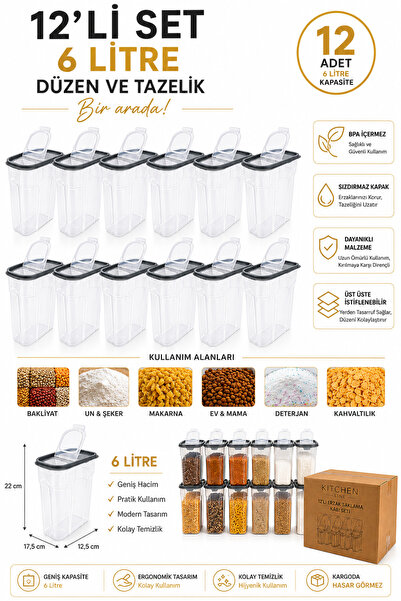 Kitchen Line 12 Pieces of 6 Liter Food Storage Containers – Gray Lid, Practic...