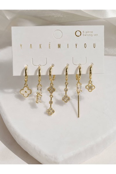 Jerie Gold Zircon Stone Clover Detail 6-Piece Earring Set