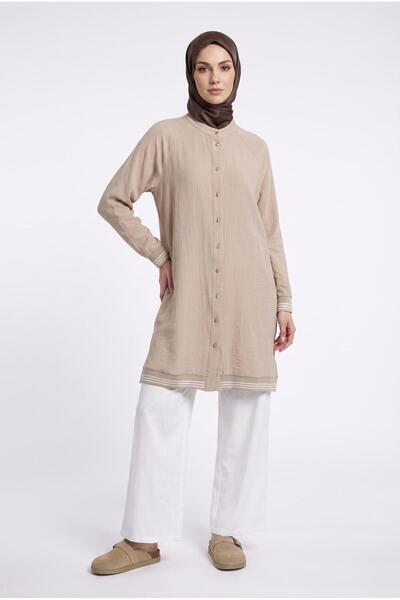 Armine Trend Doğal Kumaş Düğmeli Reglan Kol Ribanalı 100 Cm Tunik