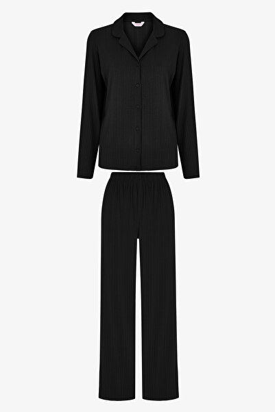 Penti Siyah Quinn Fitilli Uzun Kollu Gömlek Pantolon Pijama Takımı