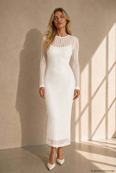 Mossta White Lined Long Sleeve Textured Tulle Midi Dress