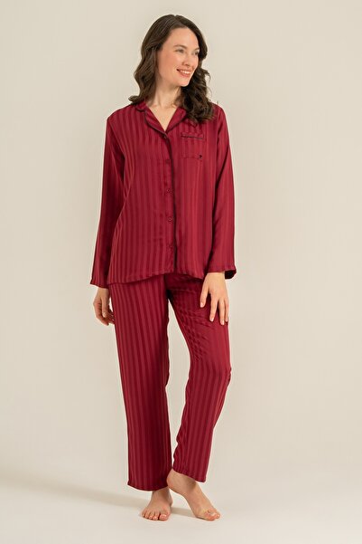 Pierre Cardin Women's Burgundy Woven Fabric Shirt Pajama Set, Viscose Fabric