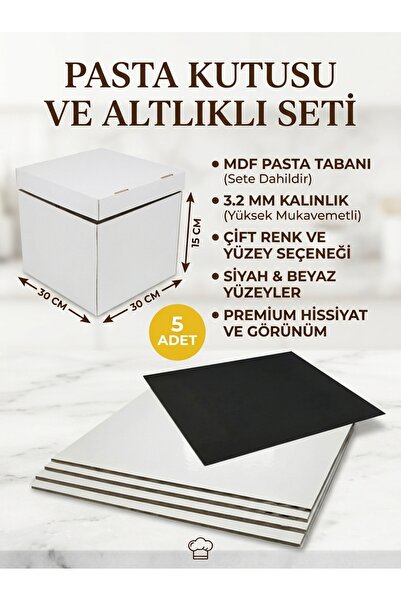 kutucum 30 x 30 x 15 PASTA KUTUSU VE MDF ALTLIK SETİ 5 ADET BEYAZ OLUKLU MUKAVVA