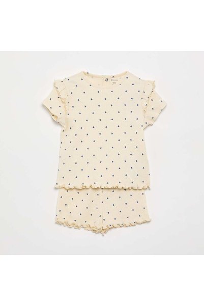 KIABI Pointelle Knit Pajama T-Shirt + Shorts - 2 Pieces Beige
