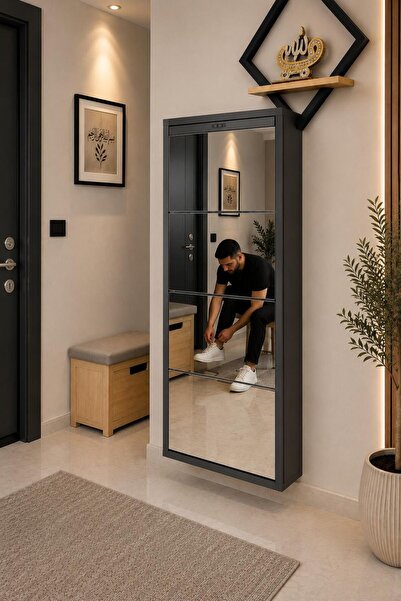 KARLI HOME 4 Kapaklı Aynalı /Antrasit Metal Ayakkabılık Şık Tasarım