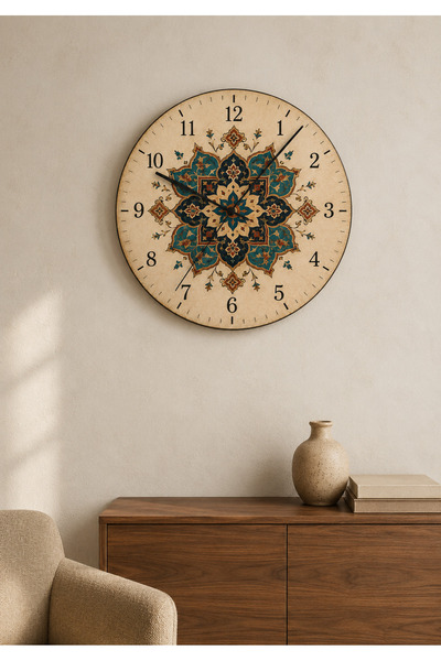 AA Shop Anadolu Motifli Baskılı Duvar Saati Etnik Kilim Desenli Sessiz Dekora...