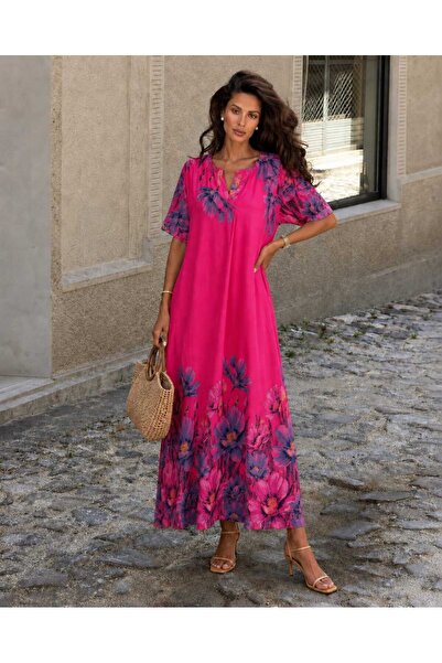 CES.İZ Women's Italian Viscose Floral Patterned Loose Long Dress Summer Casua...
