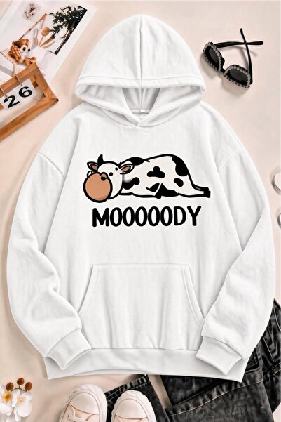 Oksit Sw Moooody Cute Cow με στάμπα μπροστά Unisex Oversize Φούτερ με κουκούλ...