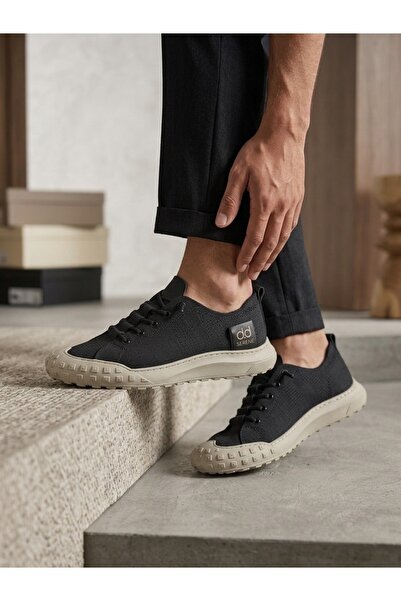 pabucmarketi Black Beige Textile Rubber Laced Men's Sneaker