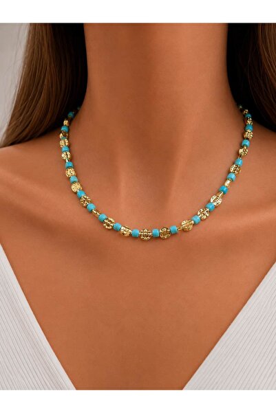 Jerie Gold Crushed and Turquoise Bead Necklace