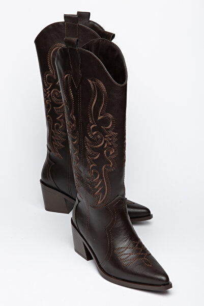 Generic Brand Brown Leather Embroidery Detailed Western Cowboy Boots with Bro...