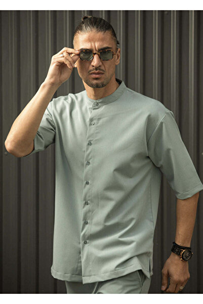 HENRY CLOTHING Ανδρικό κοντομάνικο πουκάμισο με γιακά μάο - Χρώμα μέντας 9-100