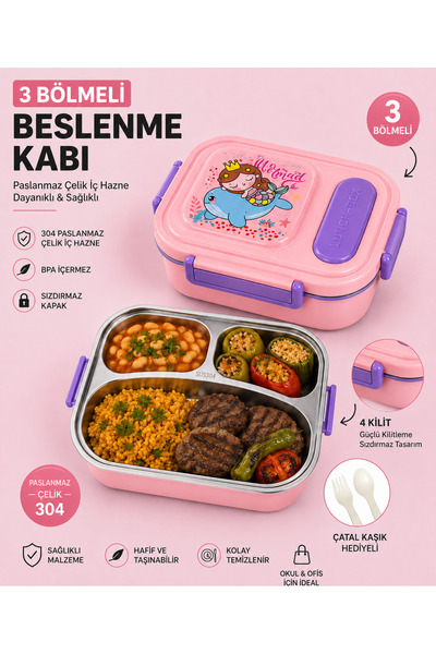 MUZEKO 3 Bölmeli Paslanmaz Çelik Yemek Kabı Sızdırmaz Kapaklı, Taşınabilir Be...