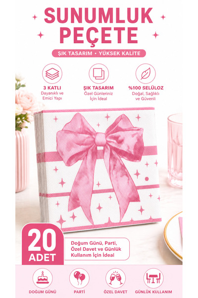 KEA Sunumluk Peçete 17x17 cm Pembe Fiyonk Desenli Şık Peçete Parti Davet Sofr...