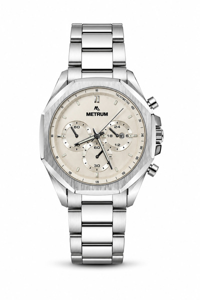 MTR301048 Erkek Kol Saati Krem Kadran Erkek Saat - Silver Entegre Sekizgen Bezel Kırık Beyaz Ekru Tachymeter Krono Görünümlü
