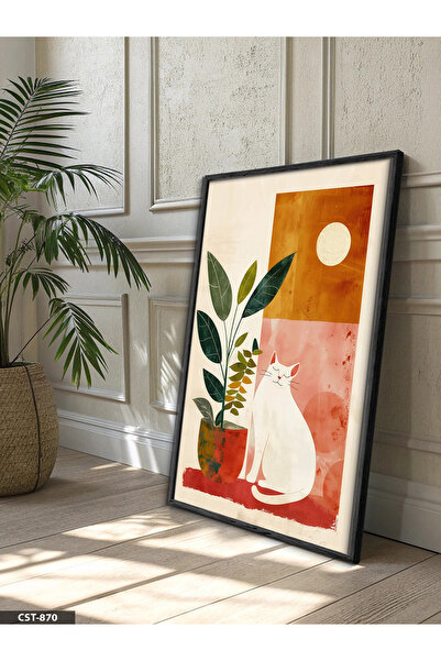 Evinemoda Minimalist White Cat and Plant One-Piece Wooden Framed Painting