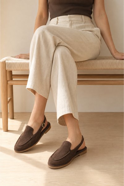 a ayak&kabım official Sorelia Women's Genuine Suede Leather Buckle Closed Toe Sandals Dark Brown