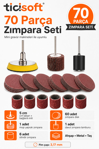 Ticisoft Mini Gravür Makinesi İçin 70 Parça Zımpara Seti Cırt Taban Flap Disk...