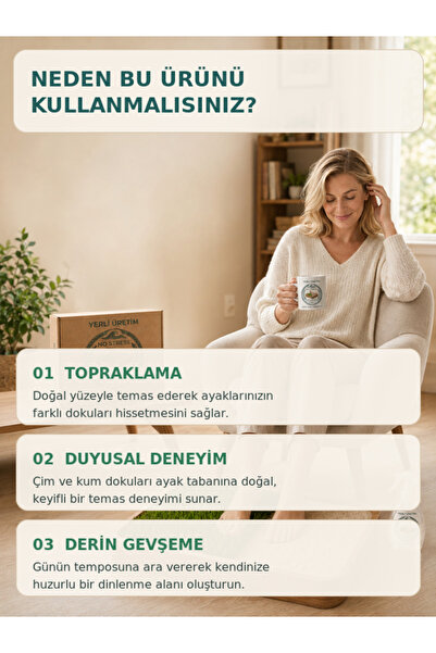 NutraBella **No Stress Doğal Ayak Terapi Kiti – Gerçek Çim ve Deniz Kumlu Ahşap Dinlenme Seti 70×40 cm**
