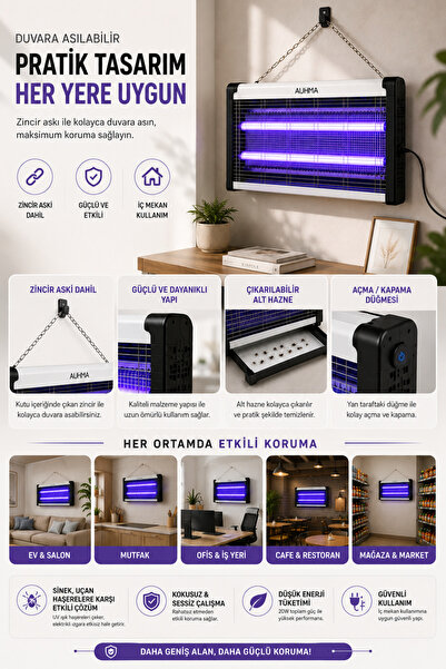 Merwish 20W Çift UV Tüplü Elektronik Sinek Kovucu AUHMA Elektrikli Izgaralı, Çıkarılabilir Hazneli, Zincir Askılı Duvara Asılabilir