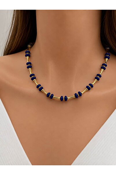 Jerie Gold and Navy Blue Bead Detail Necklace