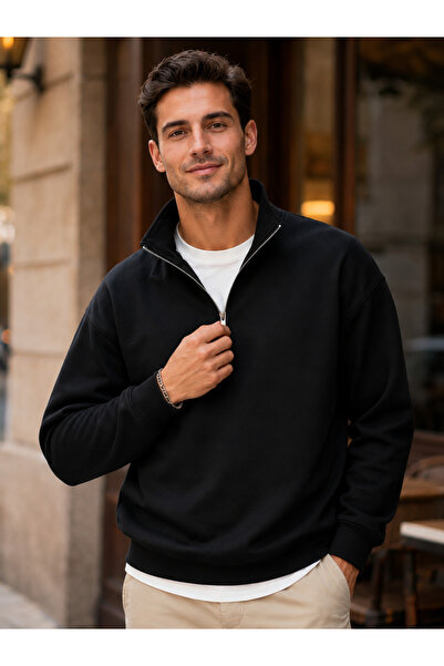 FAVORİST Men's Compact Combed Cotton Stand Collar Hooded Sweatshirt