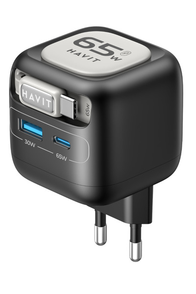 Havit UC253 65W GaN Hızlı Şarj Adaptörü Geri Çekilebilir Kablolu PD Type-C - Gri Yeşil