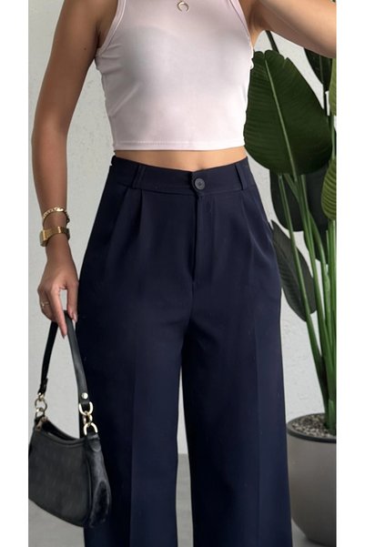 asfamoda Women's Navy Blue High Waist Double Pleated Palazzo Fabric Trousers Flowy Wide Leg Casual Stylish Office Pants
