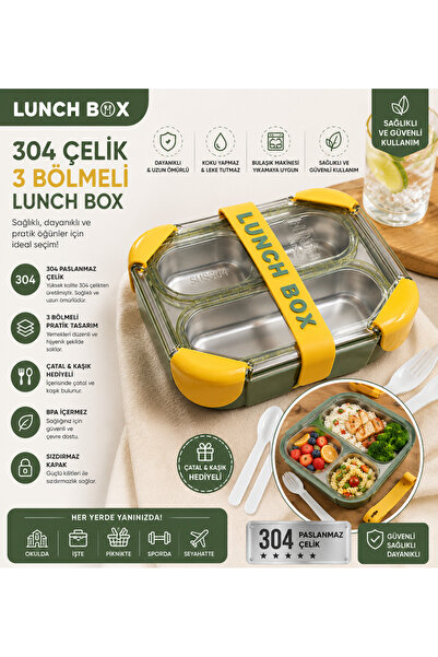 MUZEKO LUNCH BOX 3 Bölmeli Paslanmaz Çelik Yemek Kabı Sızdırmaz Kapaklı, Taşı...