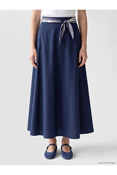 LC Waikiki Lcw Modest Navy Blue Flared Skirt with Scarf Detail