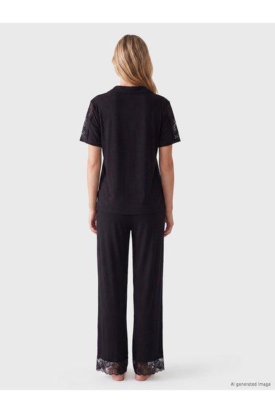 LC Waikiki Lcw Dream Black Shirt Collar Women's Pajamas Set
