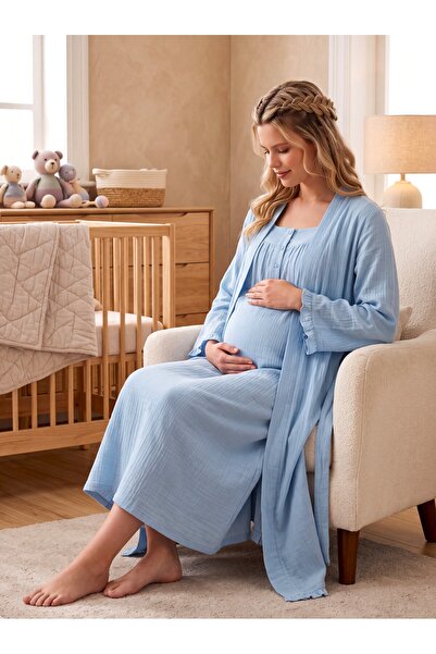 Lohusa Homewear New Season Indigo Muslin Fabric Buttoned Breastfeeding Compat...
