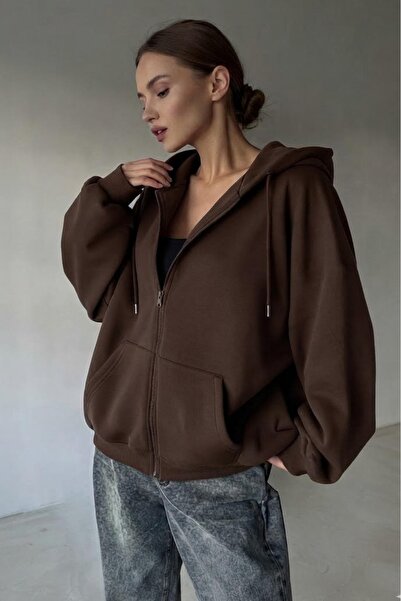 Shine Stone Kadın Oversize Kapüşonlu Kanguru Cepli Fermuarlı Sweatshirt