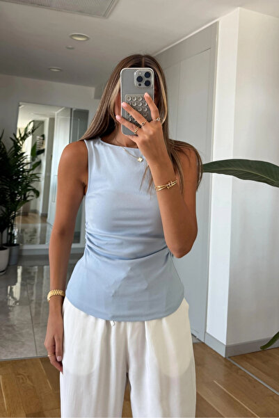 SHILSEE BEUTİQUE Women's Textured Boat Neck Ruched Top Blouse Baby Blue