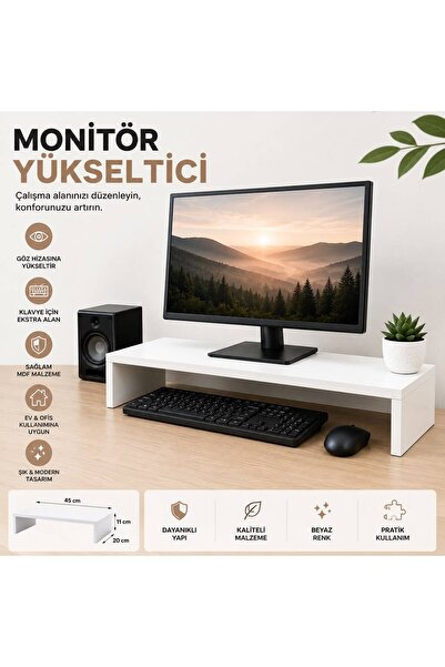 ÇOKLUÇARŞI Beyaz MDF Monitör Yükseltici Standı 45x20x11 cm – Masaüstü Organiz...