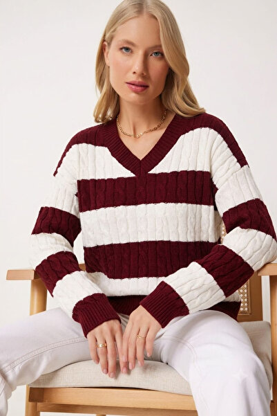 H&E LUXURY DESIGN Women's Knitwear Sweater Burgundy White Striped V-Neck Knit...