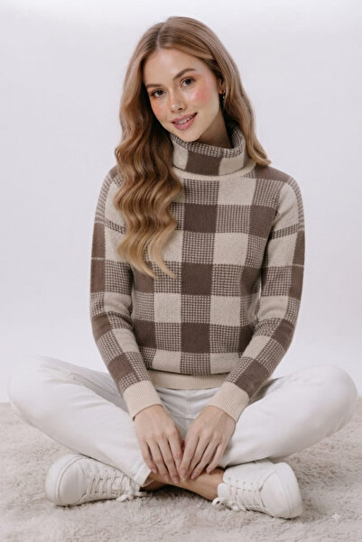 H&E LUXURY DESIGN Women's Knitwear Sweater Turtleneck Plaid Pattern Long Slee...