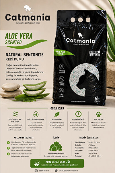Aloe Vera Kokulu Ekstra Topaklaşan Bentonit Kedi Kumu 5 LT