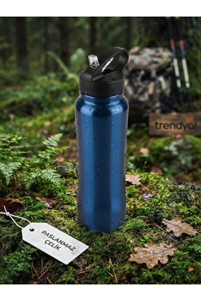Popilero Steel Thermos with Straw, Navy Blue