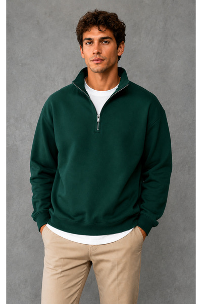 FAVORİST Men's Stand Collar Oversize Fit Compact Combed Cotton 3 Thread Sweat...
