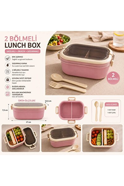 KOZMİK GİFT Portatif 2 Bölmeli Lunch Box Beslenme Kabı - Kaşıklı Çatallı Sızd...