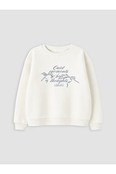 LC Waikiki Ecru Crew Neck Embroidered Girls' Thick Sweatshirt