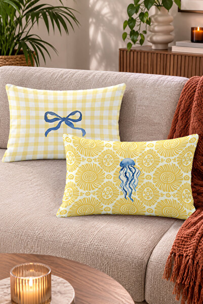 Home Denizanası Figür ve Güneş Deseni ile Fiyonk Detaylı Ekose Tasarımlı Kırl...