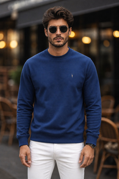 MAXIMILLIAN Men's Indigo Basic Crew Neck Relaxed Sweatshirt